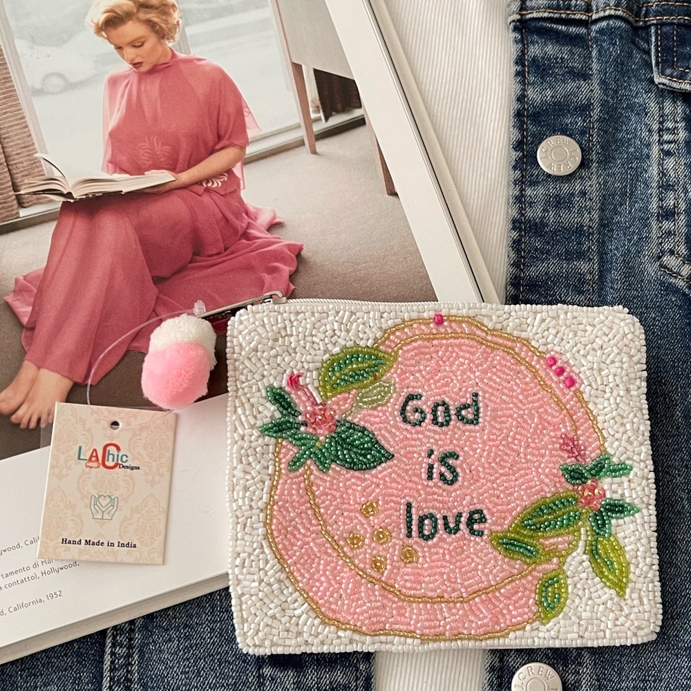 God Is Love Coin Pouch Seed Bead Coin Pouch Beaded Coin Bag White Beaded Purse